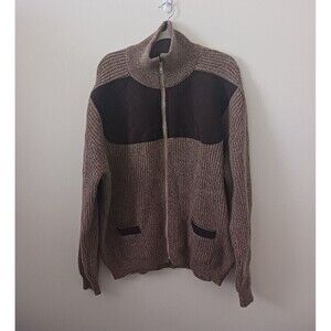 Lochaven of Scotland Mens 100% Wool Sweater Full Zip Knit Elbow Patched Brown XL